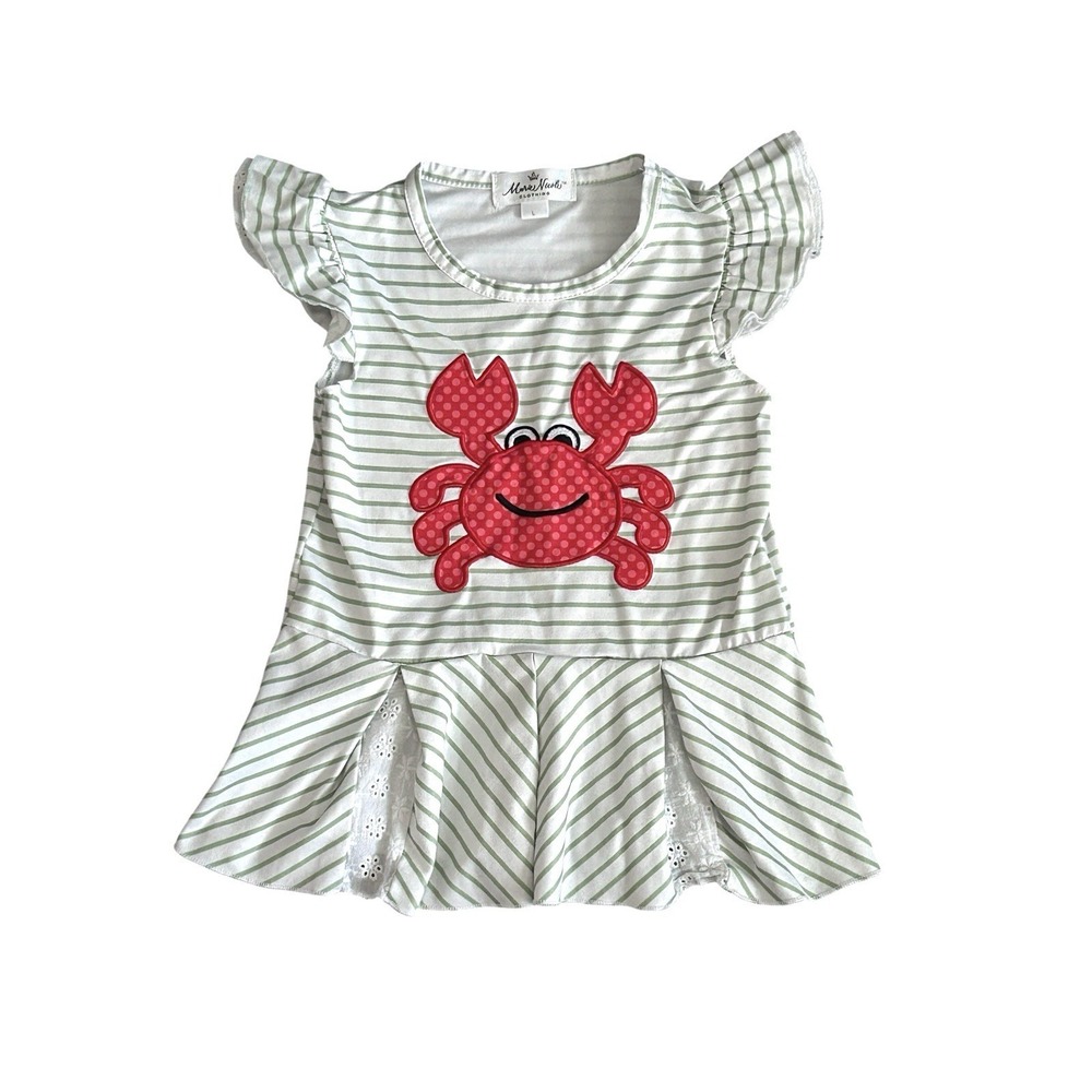 Marie Nicole Girls Dress Green Striped Happy Crab Appliqué 4T Large Summer Beach